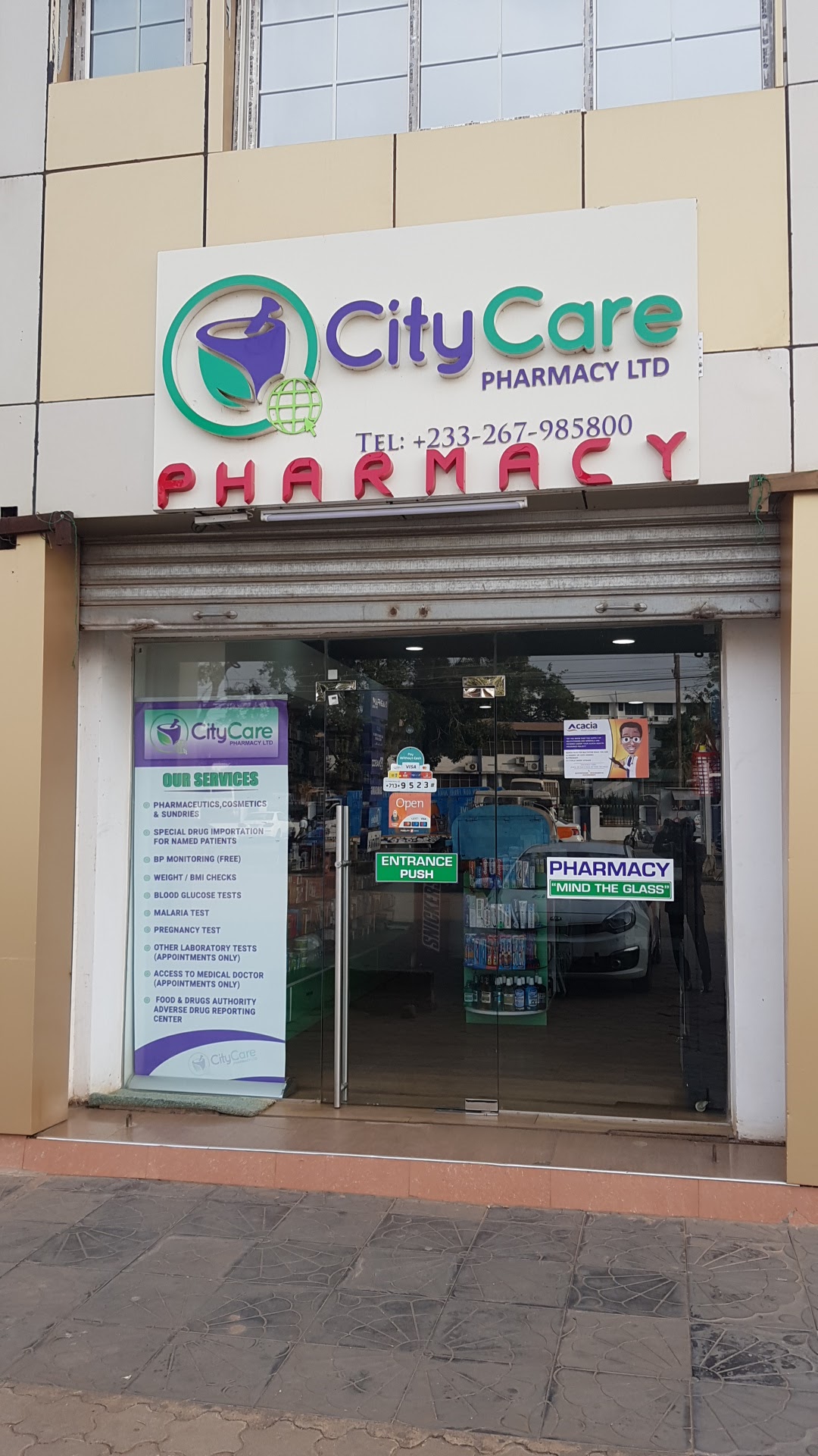 A first look at CityCare Pharmacy | Ghana 🇬🇭, showing the pharmacy setting in Madina where medicine and pickup questions start.
