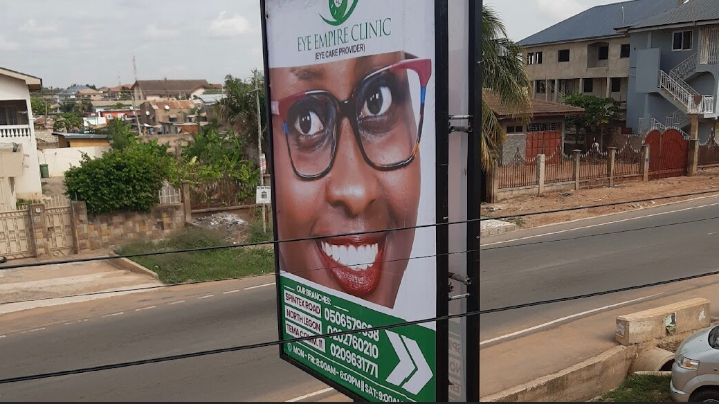 A first look at Eye Empire Clinic | Ghana 🇬🇭, grounding the page in the clinic entrance or reception where patients first decide whether this is the right eye-care stop.