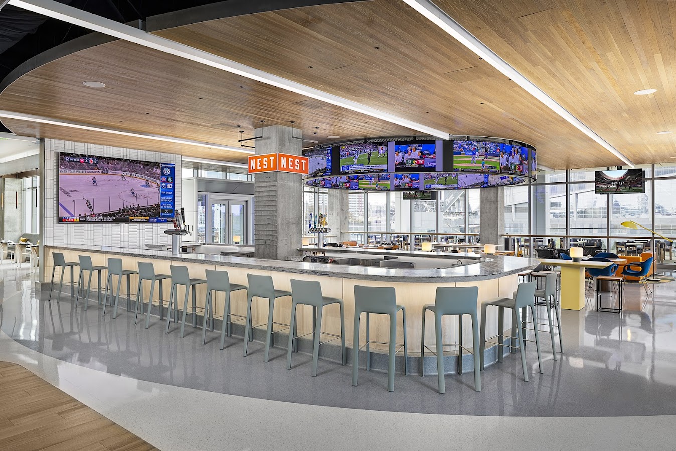 A downtown Atlanta sports-bar setting inside Signia by Hilton Atlanta, built for game-night drinks, pre-event meetups, and a straightforward next step.