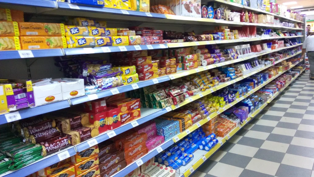Biscuits, crackers and snack shelves in a Nigerian supermarket